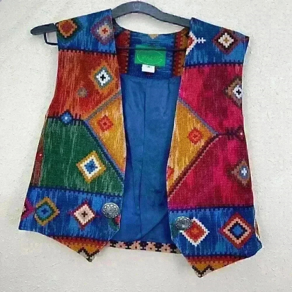 Wraps Western lightweight Native Aztec Vest Size M Brown Blue Open Wraps TC1 - Picture 2 of 5
